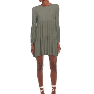 &merci long puffed sleeve boho ruffle hem dress, olive green, sz M